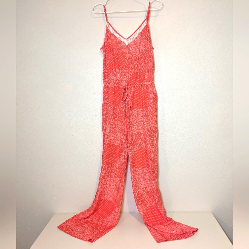 Andree by Unit Jumpsuit Large Coral & White lace back cinch waist romper